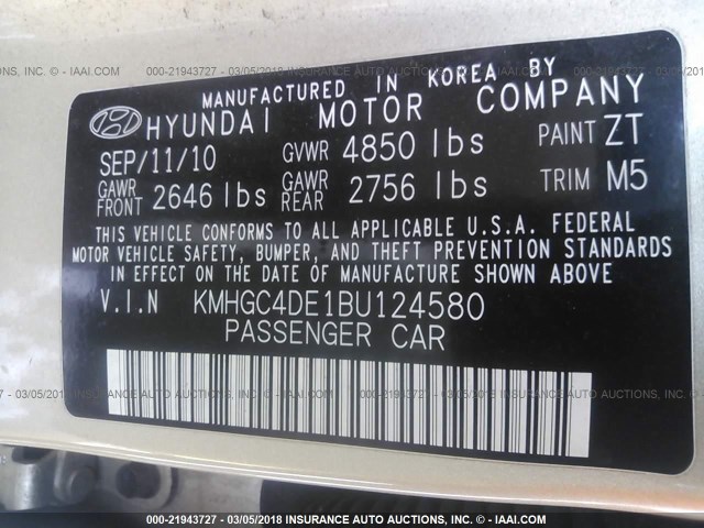 KMHGC4DE1BU124580 - 2011 HYUNDAI GENESIS 3.8L GOLD photo 9