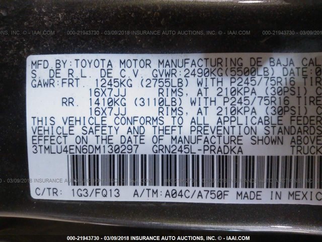 3TMLU4EN6DM130297 - 2013 TOYOTA TACOMA DOUBLE CAB ნაცრისფერი ფოტო 9