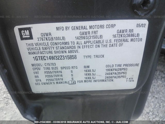 1GTEC14W32Z315858 - 2002 GMC NEW SIERRA C1500 GRAY photo 9