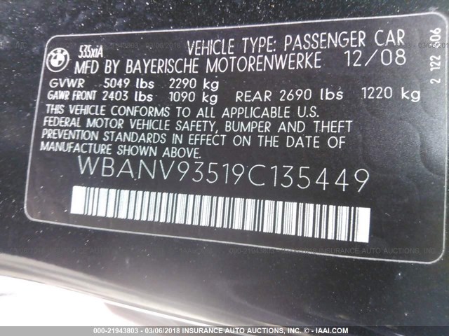 WBANV93519C135449 - 2009 BMW 535 XI BLACK photo 9
