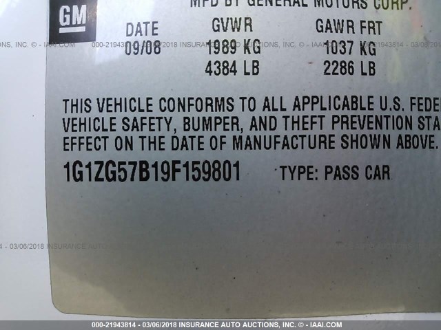 1G1ZG57B19F159801 - 2009 CHEVROLET MALIBU LS თეთრი ფოტო 9