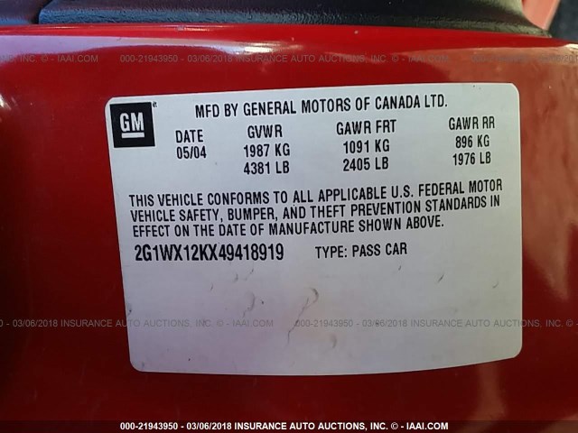 2G1WX12KX49418919 - 2004 CHEVROLET MONTE CARLO SS წითელი ფოტო 9