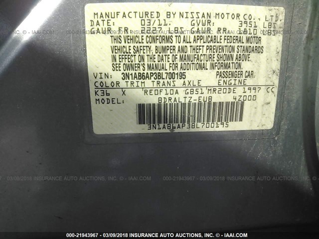 3N1AB6AP3BL700195 - 2011 NISSAN SENTRA 2.0/2.0S/SR/2.0SL GRAY photo 9