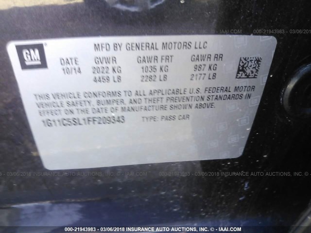 1G11C5SL1FF209343 - 2015 CHEVROLET MALIBU 1LT 棕色 照片 9