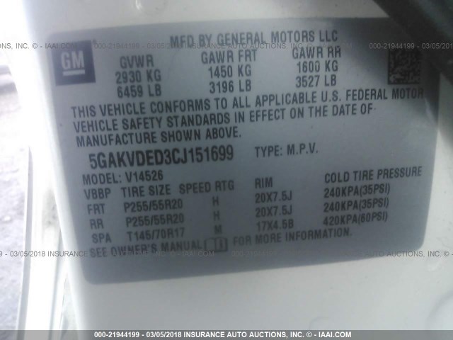 5GAKVDED3CJ151699 - 2012 BUICK ENCLAVE WHITE photo 9