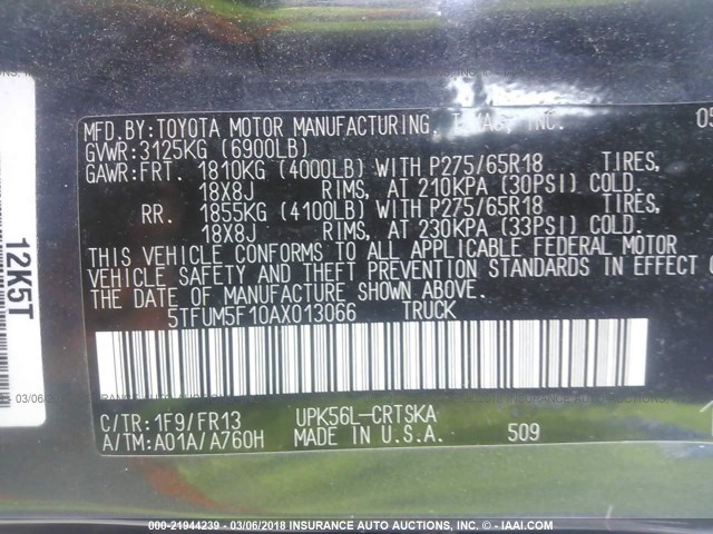 5TFUM5F10AX013066 - 2010 TOYOTA TUNDRA DOUBLE CAB SR5 GRAY photo 9