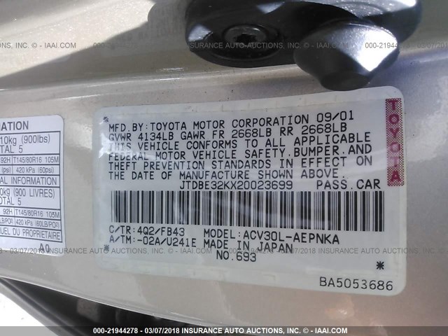 JTDBE32KX20023699 - 2002 TOYOTA CAMRY LE/XLE/SE GOLD photo 9
