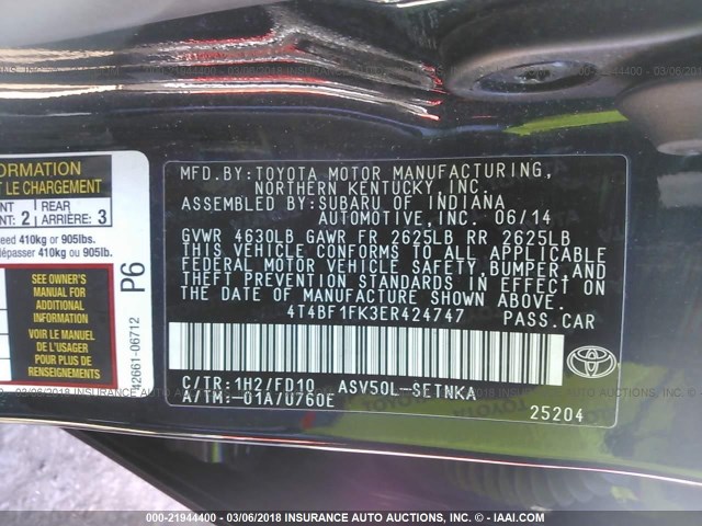 4T4BF1FK3ER424747 - 2014 TOYOTA CAMRY L/SE/LE/XLE 蓝色 照片 9