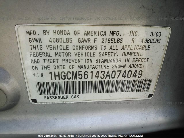 1HGCM56143A074049 - 2003 HONDA ACCORD DX SILVER photo 9