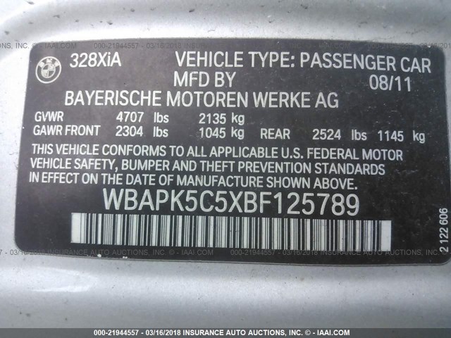 WBAPK5C5XBF125789 - 2011 BMW 328 XI SULEV SILVER photo 9