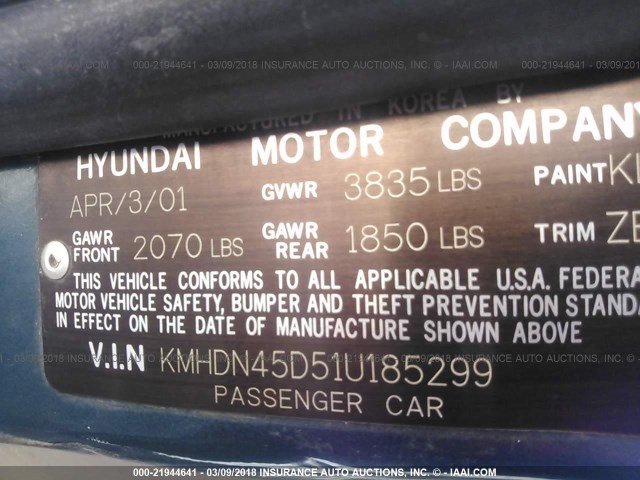 KMHDN45D51U185299 - 2001 HYUNDAI ELANTRA GLS/GT GREEN photo 9