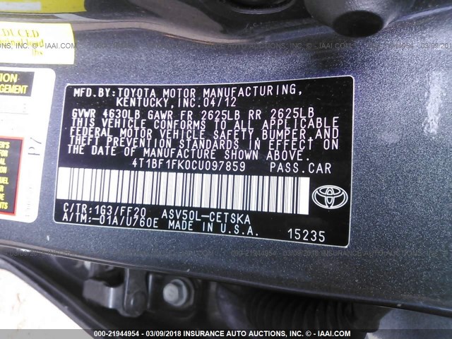 4T1BF1FK0CU097859 - 2012 TOYOTA CAMRY SE/LE/XLE GRAY photo 9
