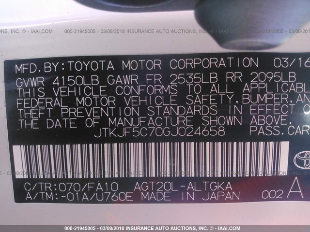 JTKJF5C70GJ024658 - 2016 TOYOTA SCION TC 白色 照片 9