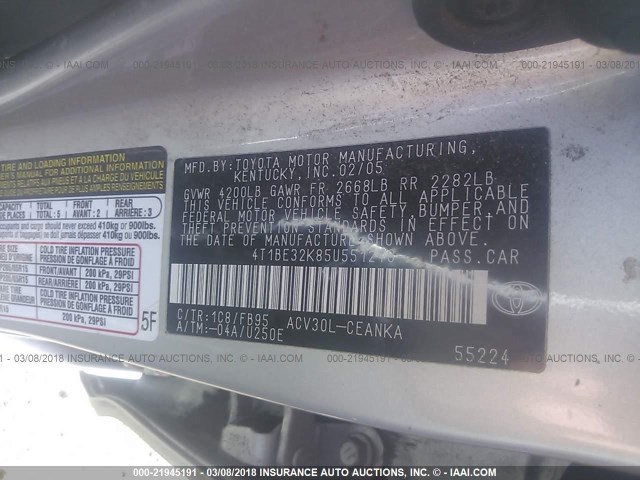 4T1BE32K85U551248 - 2005 TOYOTA CAMRY LE/XLE/SE SILVER photo 9