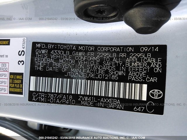 JTDZN3EU9EJ012185 - 2014 TOYOTA PRIUS V Light Blue photo 9