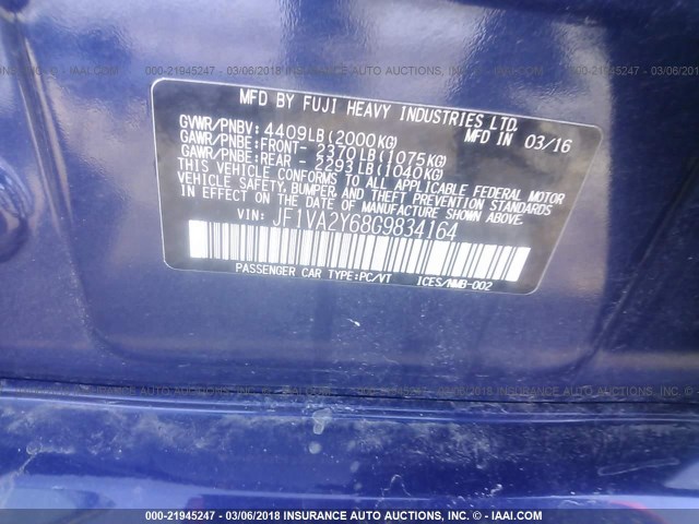 JF1VA2Y68G9834164 - 2016 SUBARU WRX STI/LIMITED BLUE photo 9