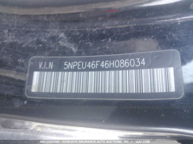 5NPEU46F46H086034 - 2006 HYUNDAI SONATA GLS/LX BLACK photo 9