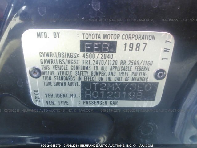 JT2MX73E0H0123198 - 1987 TOYOTA CRESSIDA LUXURY BLACK photo 9