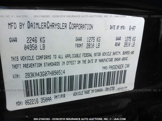 2B3KA43G07H890514 - 2007 DODGE CHARGER SE/SXT BLACK photo 9