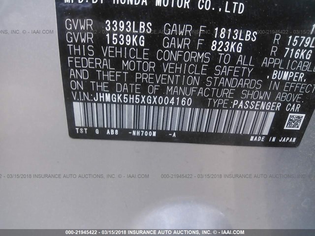 JHMGK5H5XGX004160 - 2016 HONDA FIT LX Gümüş fotoğraf 9