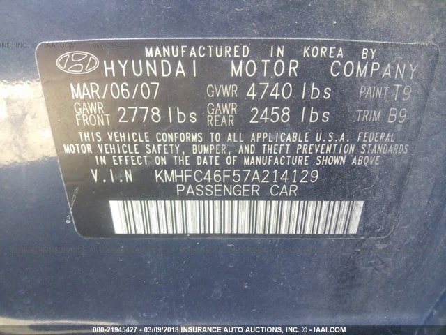 KMHFC46F57A214129 - 2007 HYUNDAI AZERA SE/LIMITED BLUE photo 9