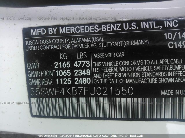 55SWF4KB7FU021550 - 2015 MERCEDES-BENZ C 300 4MATIC WHITE photo 9