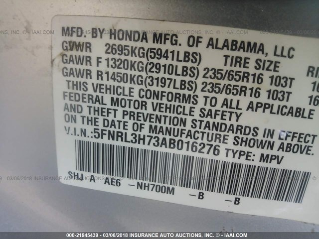 5FNRL3H73AB016276 - 2010 HONDA ODYSSEY EXL ვერცხლისფერი ფოტო 9