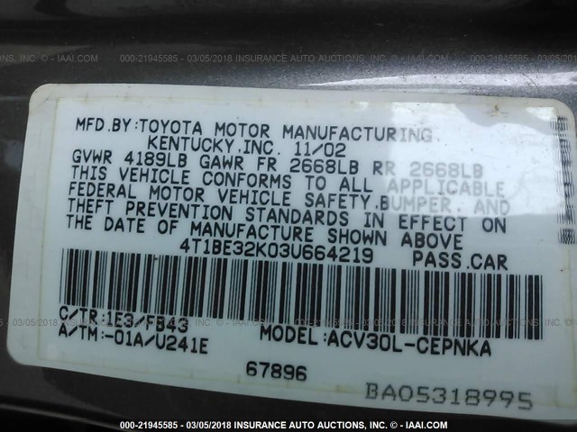 4T1BE32K03U664219 - 2003 TOYOTA CAMRY LE/XLE/SE GRAY photo 9