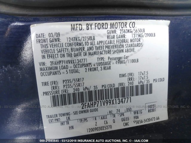 2FAHP71V99X134771 - 2009 FORD CROWN VICTORIA POLICE INTERCEPTOR BLUE photo 9