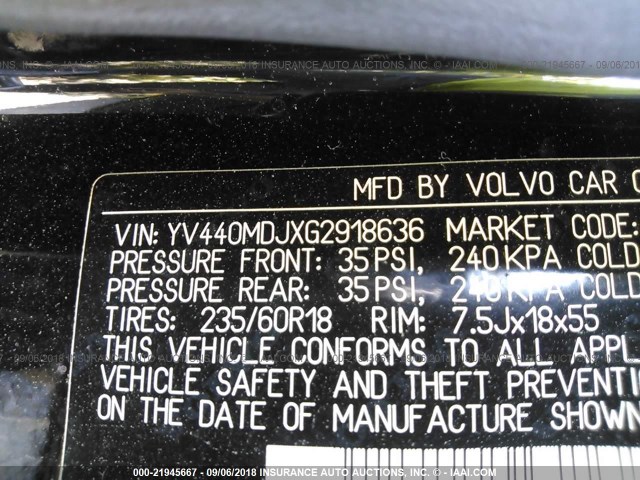 YV440MDJXG2918636 - 2016 VOLVO XC60 T5 BLACK photo 9