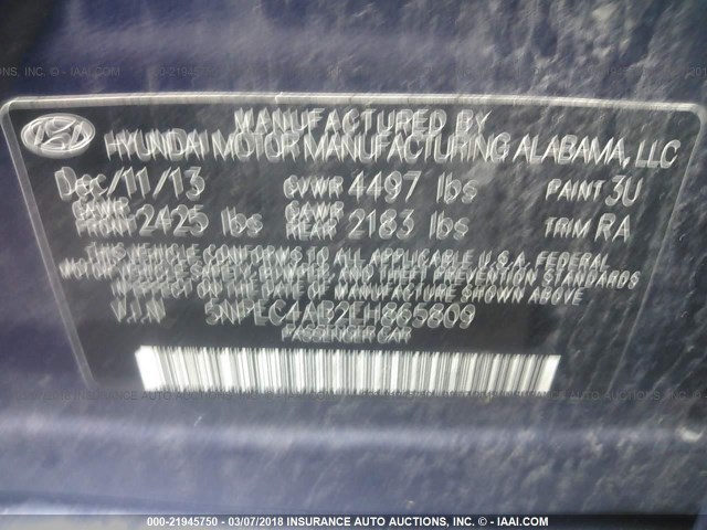 5NPEC4AB2EH865809 - 2014 HYUNDAI SONATA SE/LIMITED BLUE photo 9