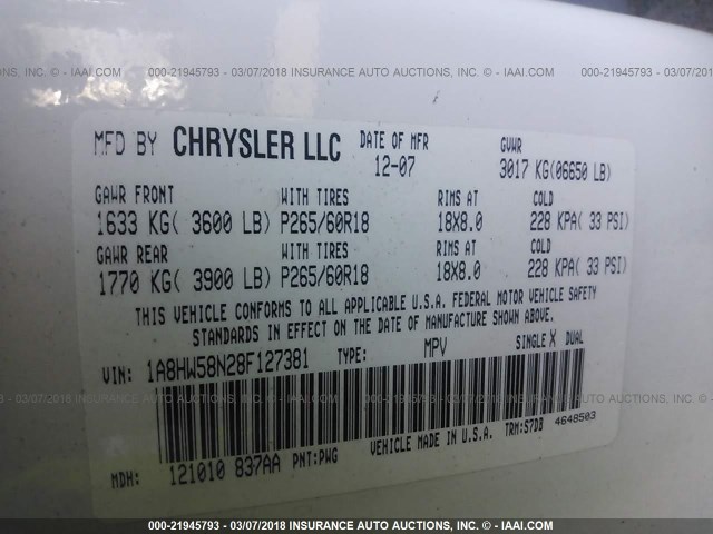 1A8HW58N28F127381 - 2008 CHRYSLER ASPEN LIMITED WHITE photo 9