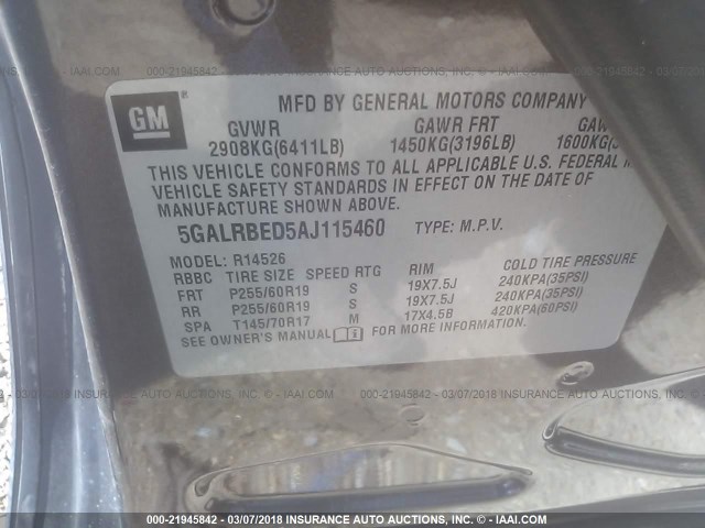 5GALRBED5AJ115460 - 2010 BUICK ENCLAVE CXL 棕色 照片 9