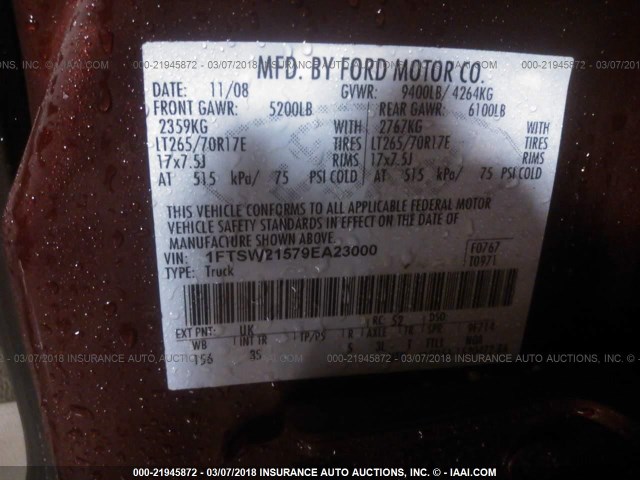 1FTSW21579EA23000 - 2009 FORD F250 SUPER DUTY MAROON photo 9