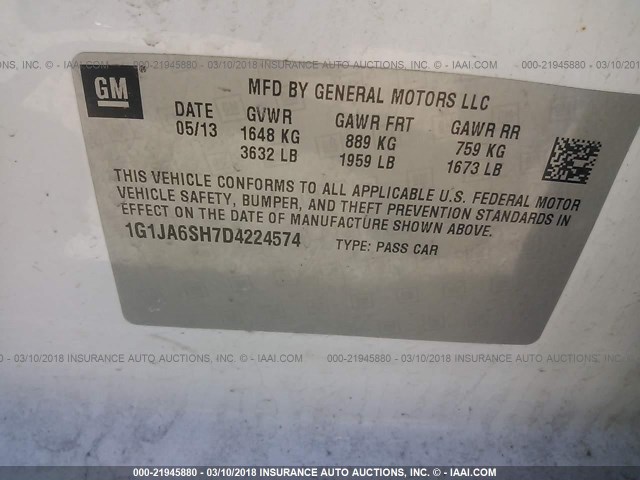 1G1JA6SH7D4224574 - 2013 CHEVROLET SONIC LS WHITE photo 9