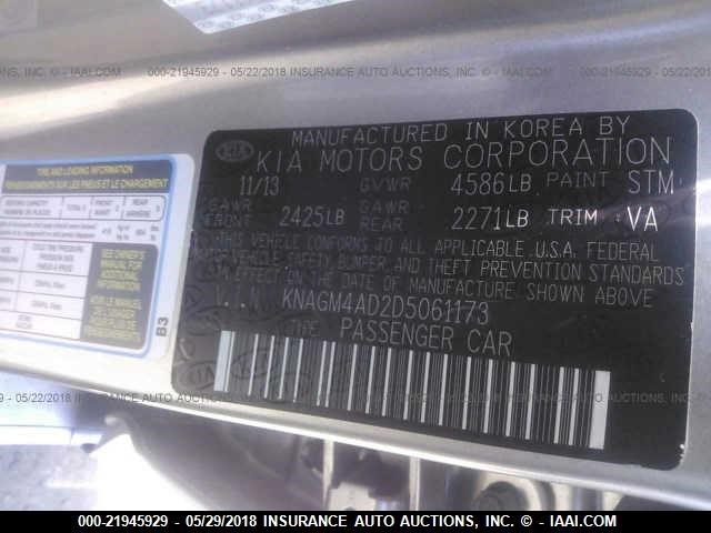 KNAGM4AD2D5061173 - 2013 KIA OPTIMA HYBRID SILVER photo 9