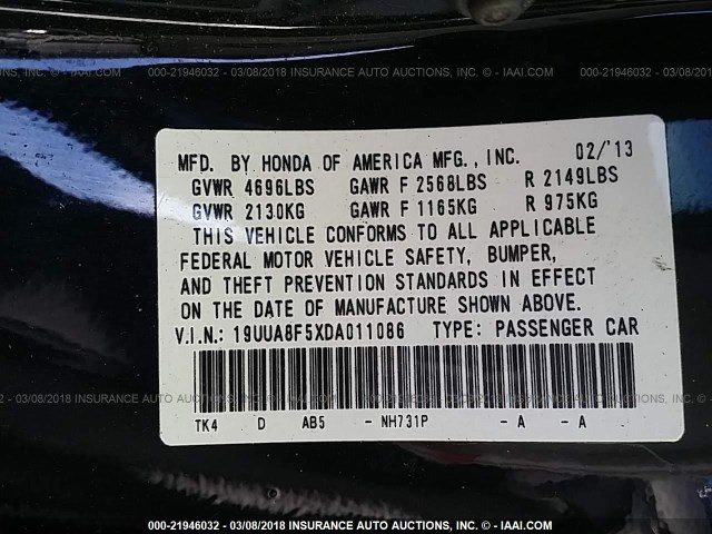 19UUA8F5XDA011086 - 2013 ACURA TL TECH BLACK photo 9