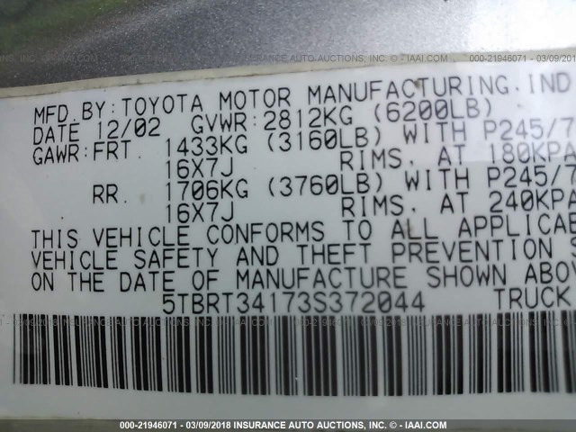 5TBRT34173S372044 - 2003 TOYOTA TUNDRA ACCESS CAB SR5 SILVER photo 9