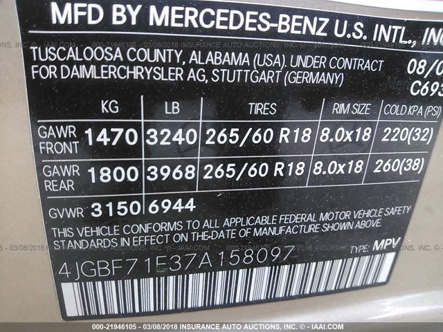 4JGBF71E37A158097 - 2007 MERCEDES-BENZ GL 450 4MATIC GOLD photo 9