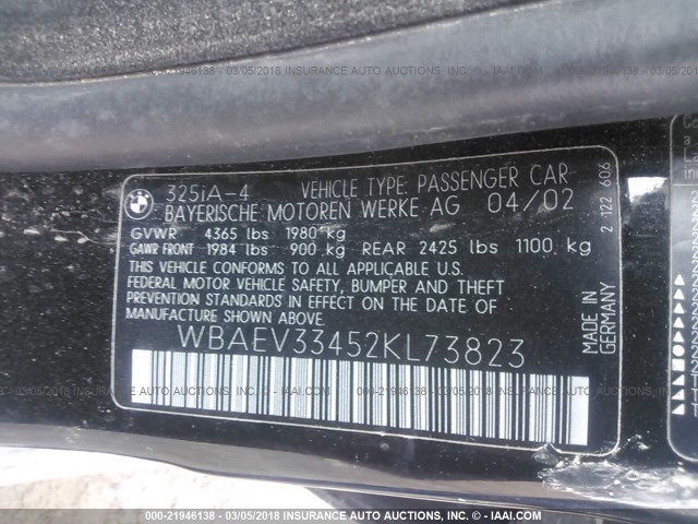 WBAEV33452KL73823 - 2002 BMW 325 I BLACK photo 9