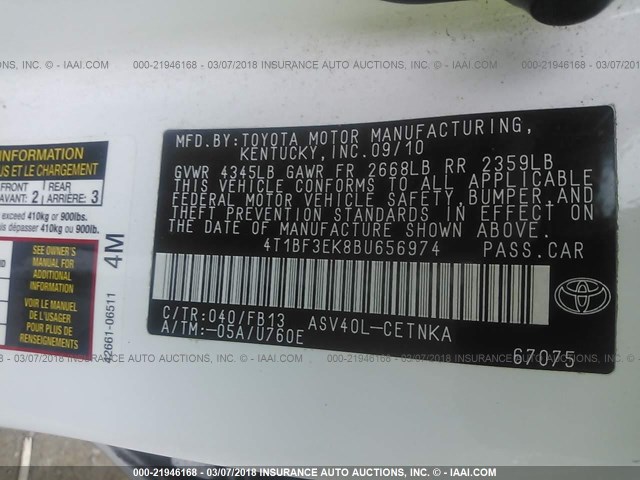 4T1BF3EK8BU656974 - 2011 TOYOTA CAMRY SE/LE/XLE 白色 照片 9