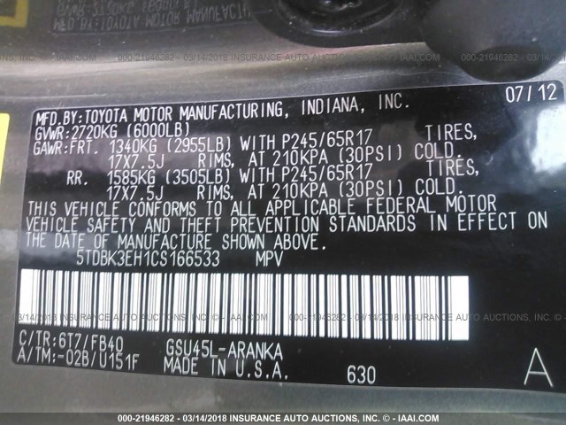 5TDBK3EH1CS166533 - 2012 TOYOTA HIGHLANDER SE GRAY photo 9