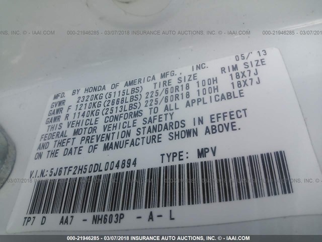 5J6TF2H50DL004894 - 2013 HONDA CROSSTOUR EXL თეთრი ფოტო 9