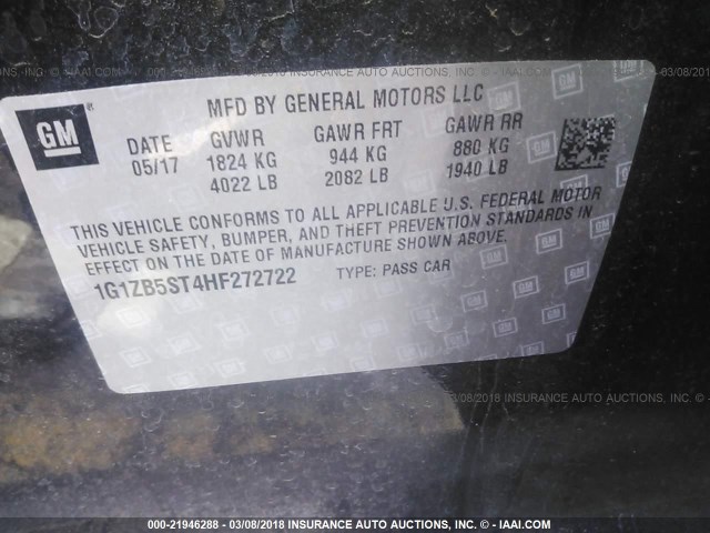 1G1ZB5ST4HF272722 - 2017 CHEVROLET MALIBU LS შავი ფოტო 9