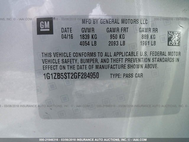 1G1ZB5ST2GF284950 - 2016 CHEVROLET MALIBU LS 银色 照片 9