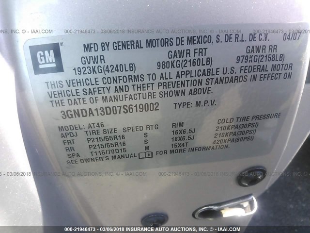 3GNDA13D07S619002 - 2007 CHEVROLET HHR LS SILVER photo 9