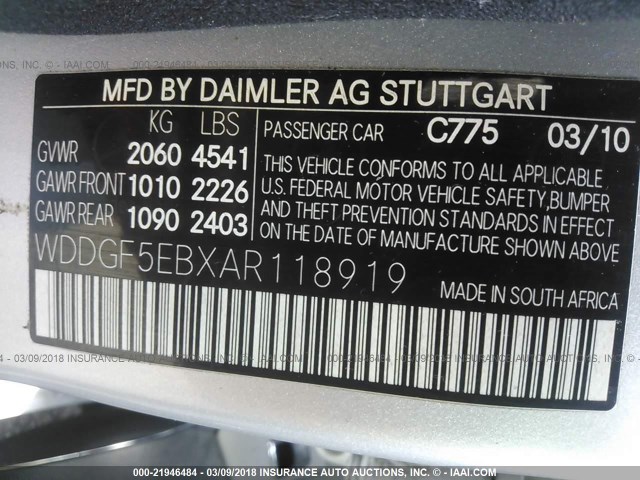 WDDGF5EBXAR118919 - 2010 MERCEDES-BENZ C 300 SILVER photo 9