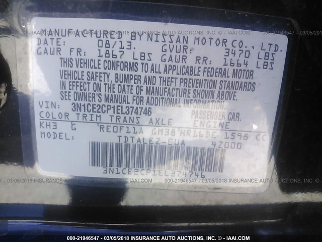 3N1CE2CP1EL374746 - 2014 NISSAN VERSA NOTE S/S PLUS/SV/SL BLACK photo 9