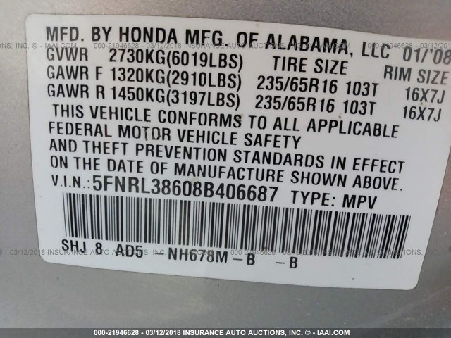 5FNRL38608B406687 - 2008 HONDA ODYSSEY EXL ვერცხლისფერი ფოტო 9