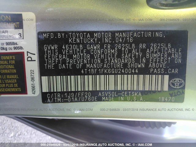 4T1BF1FK6GU240044 - 2016 TOYOTA CAMRY LE/XLE/SE/XSE SILVER photo 9